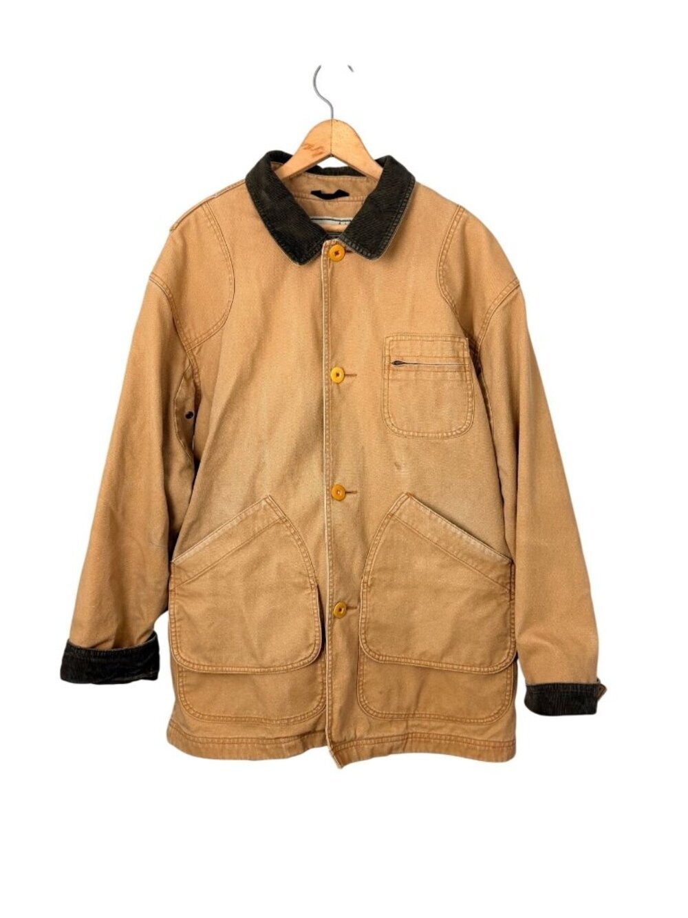 L.L. Bean Mens Tan Cotton Chore Field Coat Size L Corduroy Collar & Plaid Lining